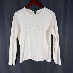 Womens Lauren Ralph Lauren Cream Long Sleeve Embellished Embroidered Top Size PL